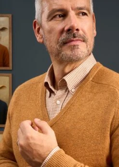 Hampshire Lambswool Jumper In Gazelle - Classic Fit -AlanPaine Shop 050A65 HAMPSHIRE CLASSIC SADDLE SHOULDER VEE GAZELLE 02