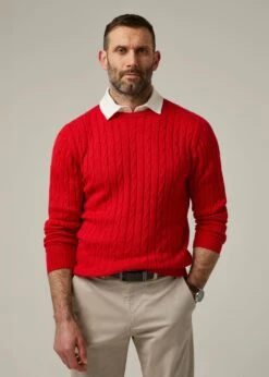 Honley Cotton Cashmere Cable Knit Jumper In Rosso -AlanPaine Shop 096a19 honley mens cotton cashmere cable knit jumper rosso 2