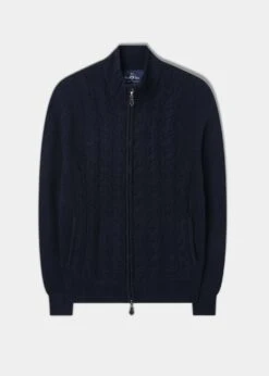 Aberfoyle Men's Lambswool Cable Front Zip Mock Neck In Navy