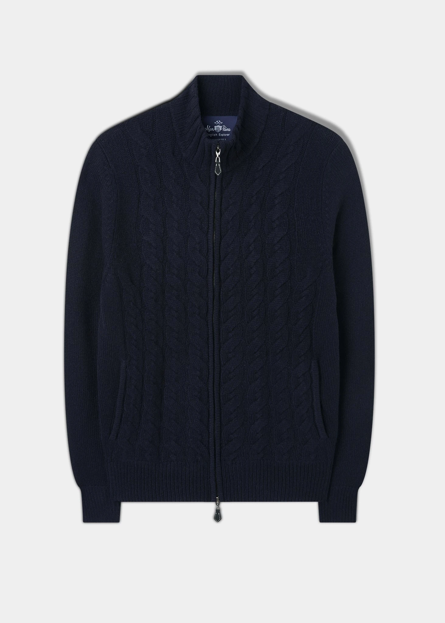 Aberfoyle Men's Lambswool Cable Front Zip Mock Neck In Navy 1 Aberfoyle Men's Lambswool Cable Front Zip Mock Neck In Navy