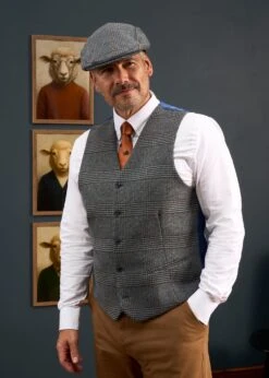 Surrey Men's Tweed Lined Country Waistcoat In Blue Check - Regular Fit -AlanPaine Shop Alan Paine Surrey Mens Waistcoat in Blue Check 3