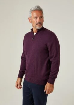 Barton Merino Wool 1/4 Zip Mock Jumper In Black Grape - Regular Fit -AlanPaine Shop Barton Mens Merino Wool Quarter Zip Purple 2