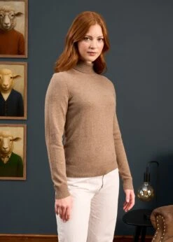 Clara Ladies Wool And Cashmere Roll Neck Jumper In Pecan -AlanPaine Shop Clara Ladies Roll Neck Pecan 5