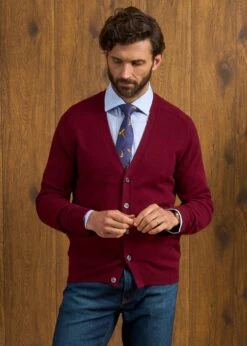 Cornwall Lambswool Cardigan In Bordeaux - Classic Fit 9 Cornwall Lambswool Cardigan In Bordeaux - Classic Fit -AlanPaine Shop Cornwall Lambswool Cardigan Mens Bordeaux 3