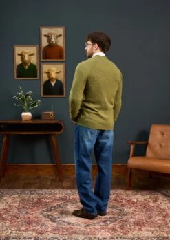 Cornwall Lambswool Cardigan In Green Bean - Classic Fit -AlanPaine Shop Cornwall Lambswool Carigan Green Bean 3