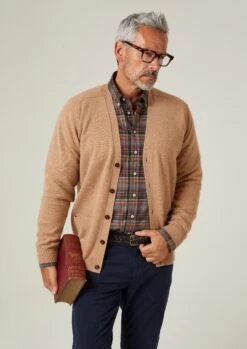 Cornwall Lambswool Cardigan In Camel - Classic Fit -AlanPaine Shop Cornwall Lambswool Mens Cardigan Camel 1