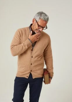 Cornwall Lambswool Cardigan In Camel - Classic Fit -AlanPaine Shop Cornwall Lambswool Mens Cardigan Camel 2