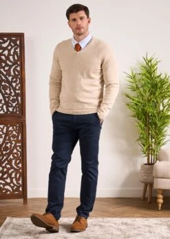 Rothwell Cotton Cashmere Jumper In Sand -AlanPaine Shop Cotton Cashmer Jumper Vee Neck Sand 2