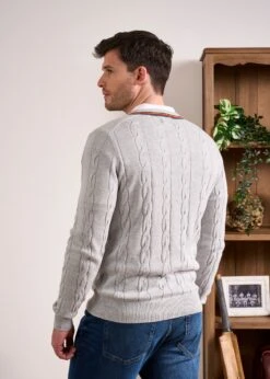 Sandford Cotton Cashmere Cable Knit Vee Neck Jumper In Dove -AlanPaine Shop Cotton Cashmere Cable Jumper Grey