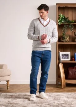 Sandford Cotton Cashmere Cable Knit Vee Neck Jumper In Dove -AlanPaine Shop Cotton Cashmere Cable Jumper Grey 4