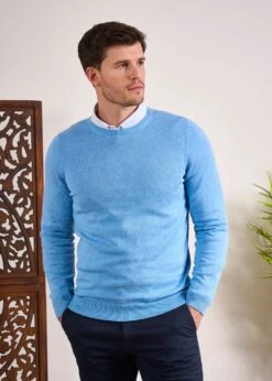 Leysmill Cotton Cashmere Jumper In Carolina Blue -AlanPaine Shop Cotton Cashmere Jumper Crew Neck Blue 2
