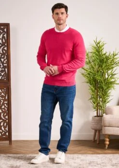 Leysmill Cotton Cashmere Jumper In Raspberry -AlanPaine Shop Cotton Cashmere Jumper Crew Raspberry 1