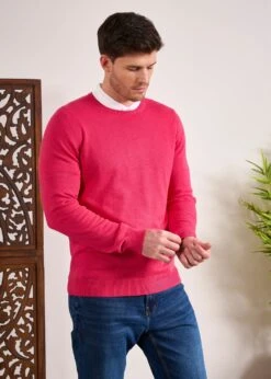 Leysmill Cotton Cashmere Jumper In Raspberry -AlanPaine Shop Cotton Cashmere Jumper Crew Raspberry 2