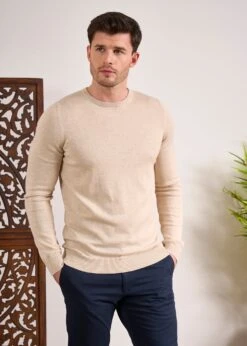 Leysmill Cotton Cashmere Jumper In Sand 9 Leysmill Cotton Cashmere Jumper In Sand -AlanPaine Shop Cotton Cashmere Jumper Crew Sand 2