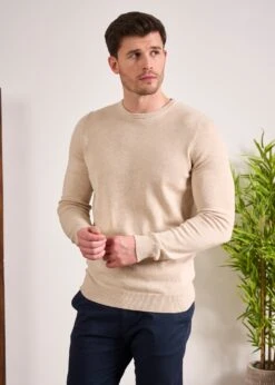Leysmill Cotton Cashmere Jumper In Sand 10 Leysmill Cotton Cashmere Jumper In Sand -AlanPaine Shop Cotton Cashmere Jumper Crew Sand 3