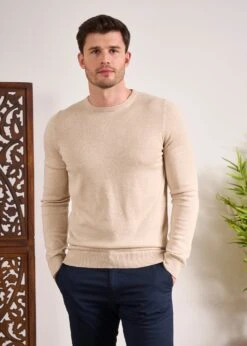 Leysmill Cotton Cashmere Jumper In Sand 11 Leysmill Cotton Cashmere Jumper In Sand -AlanPaine Shop Cotton Cashmere Jumper Crew Sand 4