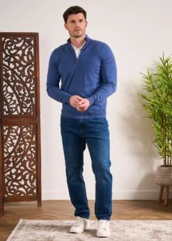 Selhurst Cotton Cashmere 1/4 Zip Jumper In Indigo -AlanPaine Shop Cotton Cashmere Quarter Zip Jumper Indigo 3