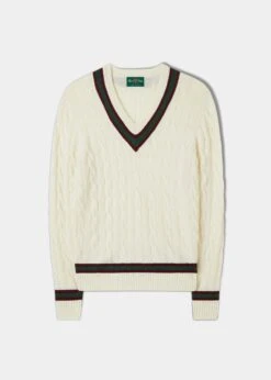 Grafton Men's Merino Wool Cable Cricket Jumper In Ecru - Regular Fit