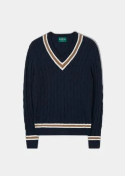 Grafton Men's Merino Wool Cable Cricket Jumper In Navy - Regular Fit