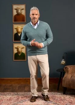 Hampshire Lambswool Jumper In Caspian - Classic Fit -AlanPaine Shop Hampshire Lambswool Saddle Shoulder Caspian Jumper 5