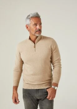 Hanbury Cashmere Zipped Mock Neck Jumper In Linen - Regular Fit -AlanPaine Shop Hanbury Mens Cashmere Quarter Zip Linen 1