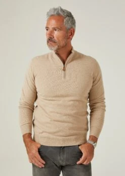 Hanbury Cashmere Zipped Mock Neck Jumper In Linen - Regular Fit -AlanPaine Shop Hanbury Mens Cashmere Quarter Zip Linen 2