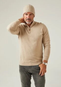 Hanbury Cashmere Zipped Mock Neck Jumper In Linen - Regular Fit -AlanPaine Shop Hanbury Mens Cashmere Quarter Zip Linen 3
