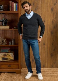 Kilsyth Men's Lambswool Jumper In Charcoal - Regular Fit -AlanPaine Shop Kilsyth Lambswool Vee Neck Jumper Charcoal 3