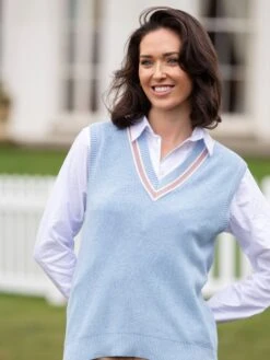 Ladies Cotton Cricket Slipover In Steel Blue Mix -AlanPaine Shop Ladies Cricket Slipover Light Blue 1