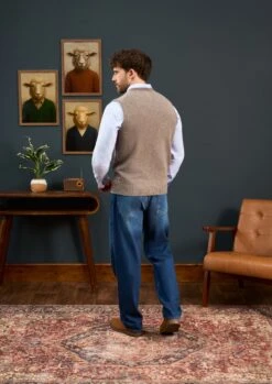 Maywick Men's Lambswool Fair Isle Waistcoat In Vole -AlanPaine Shop Lambswool Fairisle Kinitted Slipover Vole 4