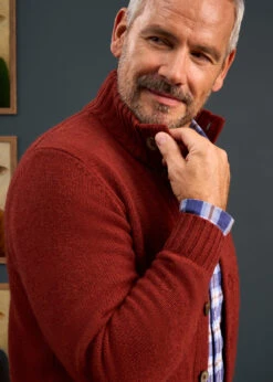 Landford Men's Lambswool Buttoned Jumper In Sienna - Regular Fit -AlanPaine Shop Lambswool Mock Neck Jumper Brown Red 1