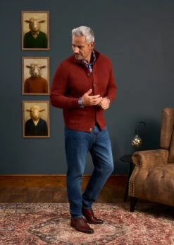 Landford Men's Lambswool Buttoned Jumper In Sienna - Regular Fit -AlanPaine Shop Lambswool Mock Neck Jumper Brown Red 3