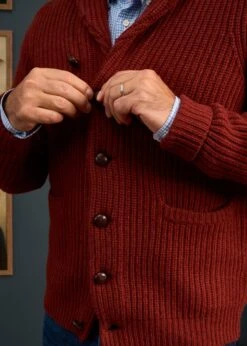 Usworth Men's Shawl Collar Lambswool Jumper In Sienna - Regular Fit -AlanPaine Shop Lambswool Shawl Cardigan Red Brown 1