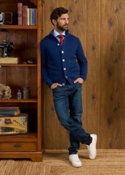 Landford Men's Lambswool Buttoned Jumper In Indigo - Regular Fit 9 Landford Men's Lambswool Buttoned Jumper In Indigo - Regular Fit -AlanPaine Shop Landford Cable Lambswool Cardigan Indigo 3