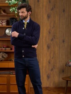 Landford Men's Lambswool Buttoned Jumper In Navy - Regular Fit -AlanPaine Shop Landford Mock Cardigan Navy 4