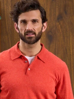 Men's Geelong Lambswool Long Sleeve Polo Shirt In Fire - Regular Fit -AlanPaine Shop Long Sleeve Polo Shirt Red 3 1
