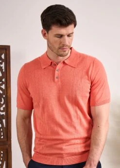 Knighton Luxury Cotton Polo With Pointelle Detail In Coral -AlanPaine Shop Luxury Cotton Polo Shirt Coral 2