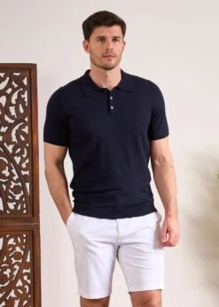 Knighton Luxury Cotton Polo With Pointelle Detail In Dark Navy -AlanPaine Shop Luxury Cotton Polo Shirt Navy 4