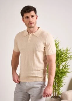 Knighton Luxury Cotton Polo With Pointelle Detail In Sand 8 Knighton Luxury Cotton Polo With Pointelle Detail In Sand -AlanPaine Shop Luxury Cotton Polo Shirt Sand 3