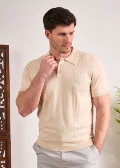 Knighton Luxury Cotton Polo With Pointelle Detail In Sand 9 Knighton Luxury Cotton Polo With Pointelle Detail In Sand -AlanPaine Shop Luxury Cotton Polo Shirt Sand 4