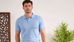 Knighton Luxury Cotton Polo With Pointelle Detail In Steel Blue