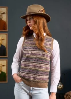 Mae Ladies Luxury Fair Isle Jumper In Pecan And Lilac 9 Mae Ladies Luxury Fair Isle Jumper In Pecan And Lilac -AlanPaine Shop Mae Ladies Fair Isle Tank Top Pecan 3