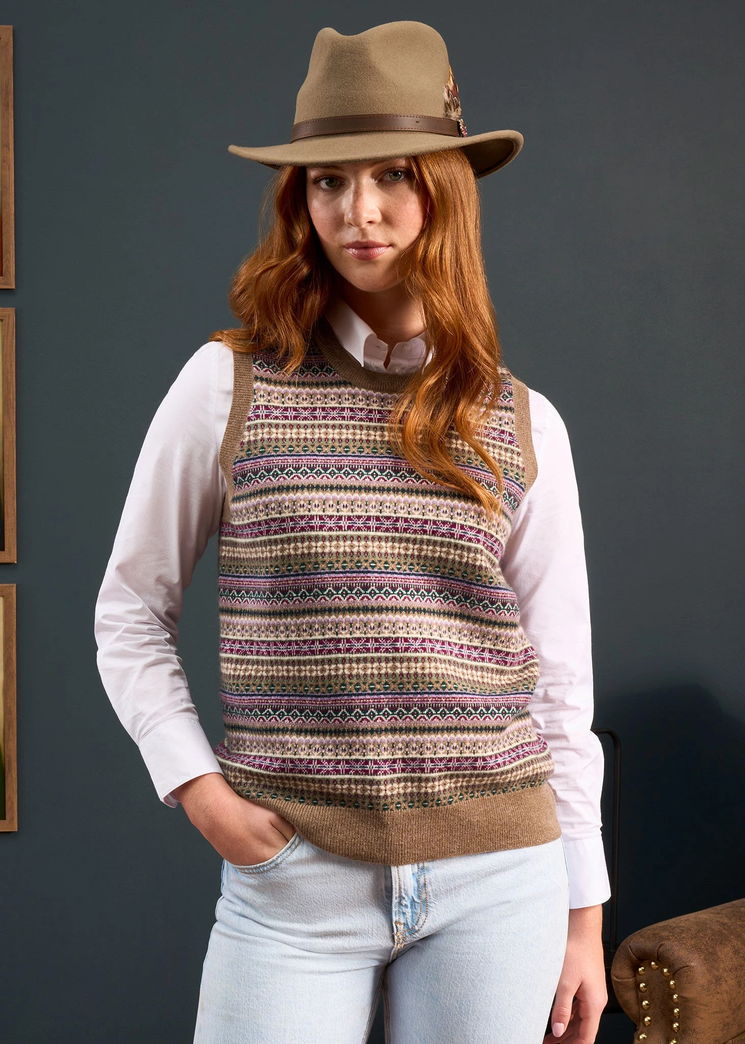 Mae Ladies Luxury Fair Isle Jumper In Pecan And Lilac 2 Mae Ladies Luxury Fair Isle Jumper In Pecan And Lilac - Image 2