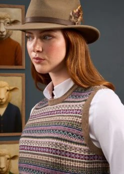 Mae Ladies Luxury Fair Isle Jumper In Porridge And Red -AlanPaine Shop Mae Ladies Fair Isle Tank Top Porridge 5