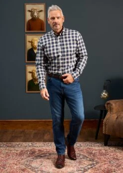 Men's Cotton Button Down Blue Check Shirt - Regular Fit -AlanPaine Shop Mens Button Down Blue Check Shirt 4