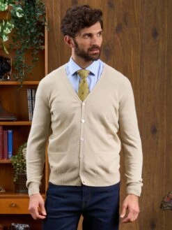Men's Geelong Lambswool Cardigan In Natural - Classic Fit -AlanPaine Shop Mens Cardigan Natural 2