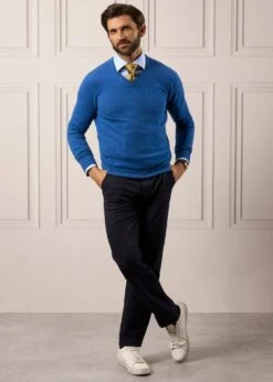 Haddington Cashmere Jumper In Denim - Regular Fit -AlanPaine Shop Mens Cashmere Jumper Blue 1
