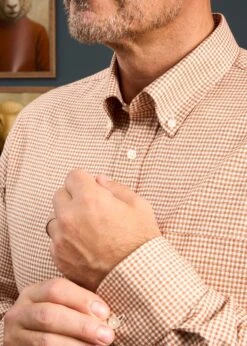 Men's Cotton Button Down Brown Small Check Shirt - Regular Fit -AlanPaine Shop Mens Cotton Button Down Shirt Small Brown Check 1