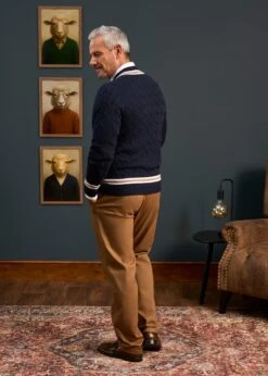 Grafton Men's Merino Wool Cable Cricket Jumper In Navy - Regular Fit -AlanPaine Shop Mens Cricket Jumper Navy Glod Trim 2