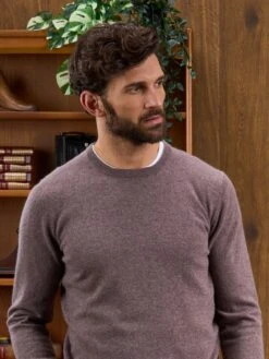 Men's Geelong Lambswool Crew Neck Jumper In Mahogany - Regular Fit -AlanPaine Shop Mens Jumper Crew Neck Brown 2